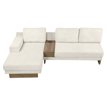 114" L-shaped Sofa Sectional Sofa with Two USB Ports and Two Power Sockets, a Storage Drawer and a Reversible Chaise Lounge for Living Room, Beige/Grey