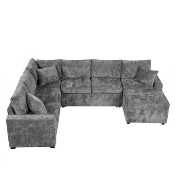 112.2" Sectional Sofa Pull-out Sofa Bed Sleeper with a Storage Ottoman,Three Pillows and Charging Devices for Living Room, Grey