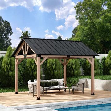 10 ft. x 12 ft. Outdoor Cedar Wood Frame Patio Gazebo Canopy Galvanized Steel Gable Hardtop Roof for Patio Lawn Backyard - Greenwich Serie