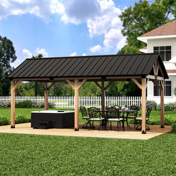 12 ft. x 20 ft. Outdoor Cedar Wood Frame Patio Gazebo Canopy Galvanized Steel Gable Hardtop Roof for Patio Lawn Backyard