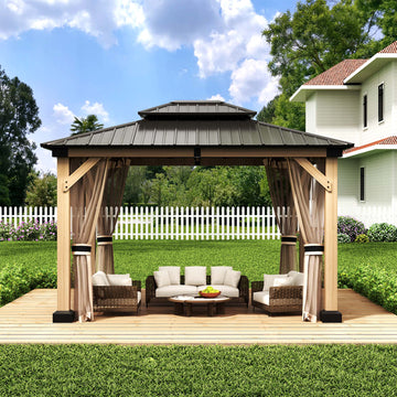 10*12ft Solid Cedar Wood Frame, Galvanized Steel Double Roof Gazebo, Equipped With Curtains And Mosquito Nets