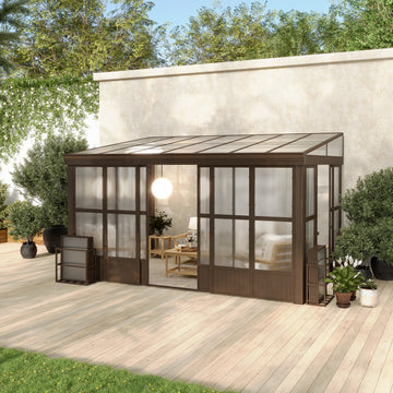 Lean-to Sunroom 10x14FT, Wall Mounted Solarium with Sloping Polycarbonate Roof, Detachable Polycarbonate Screens, 2 Lockable Sliding Doors, Aluminum Gazebo Against Wall Sun Room for Patio Deck