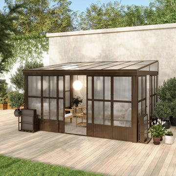 Lean-to Sunroom 12x14FT, Wall Mounted Solarium with Sloping Polycarbonate Roof, Detachable Polycarbonate Screens, 2 Lockable Sliding Doors, Aluminum Gazebo Against Wall Sun Room for Patio Deck