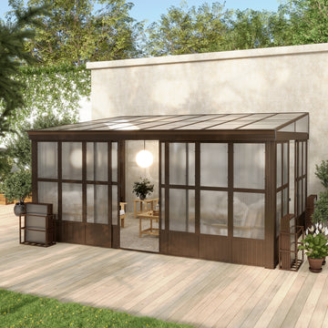 Lean-to Sunroom 12x16FT, Wall Mounted Solarium with Sloping Polycarbonate Roof, Detachable Polycarbonate Screens, 2 Lockable Sliding Doors, Aluminum Gazebo Against Wall Sun Room for Patio Deck