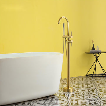 Freestanding Floor Mount 2-Handle Bath Tub Filler Faucet with Handheld Shower in Brushed Gold