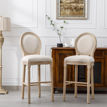 French Country Wooden Barstools With Upholstered Seating , Beige and Natural ,Set of 2