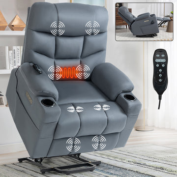 Up to 350 LBS Power Lift Recliner Chair, Heavy Duty Motion Mechanism with 8-Point Vibration Massage and Lumbar Heating, Cup Holders, USB and Type-C Ports, Removable Cushions, Blue