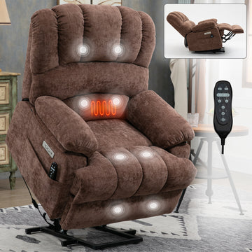 23 Seat Width and High Back Large Size Chenille Power Lift Recliner Chair with 8-Point Vibration Massage and Lumbar Heating, Brown