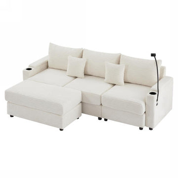 95.3" Modern Style 3-Seater Sofa Sectional Sofa Couch with Storage Space, A Movable Ottoman, Two USB Ports, Two Cup Holders, A Phone Holder for Living Room, Beige
