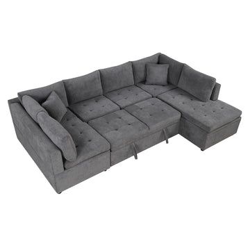 117.3" Oversized Sectional Sofa U- shaped Sofa Couch Pull-out Sofa Bed with Two Throw Pillows for Living Room, Gray/Beige