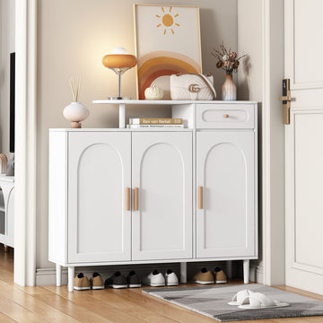 Elegant Shoe Cabinet with Arched Doors and Drawer, Cream Style Storage Sideboard with Adjustable Shelves and Solid Wood Legs for Entryway, Living Room, White
