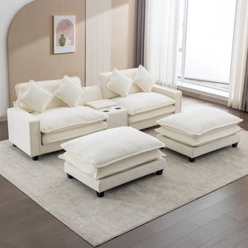 112.6" Sectional Sofa Chenille Upholstered Sofa with Two Removable Ottoman, Two USB Ports, Two Cup Holders and Large Storage Box for Living Room, Beige/Dark Grey/Blue