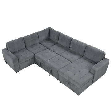 107.5" U-shaped Sofa Sectional Sofa Pull-out Sofa bed with a Storage Chaise Lounge, Charging Devices for Living Room, Gray/Beige