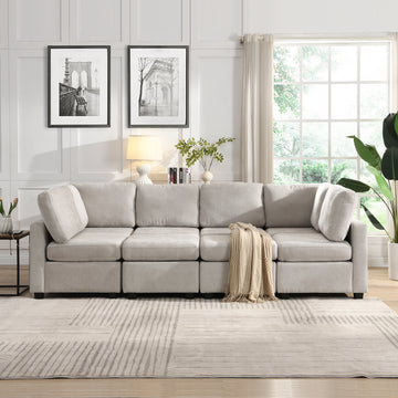 103" Sectional Sofa Couch Sofa Bed U-shaped Sofa with Two Movable Ottoman and Three USB Ports for Living Room, Grey/Beige