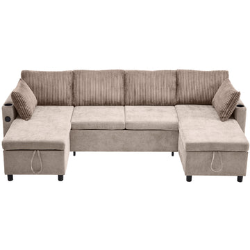111.8" Sectional Sofa Pull-out Sofa Bed Versatile Sofa Sleeper with Large Storage Space, Two USB Ports and Two Cup Holders for Living Room, Brown/Grey/Beige
