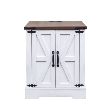 Farmhouse End Table with Charging Station, Rustic Wood Nightstand with Adjustable Shelf, 19.6"W Versatile Walnut Sofa Side Table with Barn Doors & Retro Hinges for Bedroom, Living Room, White
