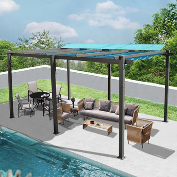 11 X 16 FT Outdoor Living Outdoor Retractable Pergola with Weather-Resistant Canopy Aluminum Garden Pergola Patio Grill Gazebo for Courtyard -Lake Blue/Dark Gray/Khaki