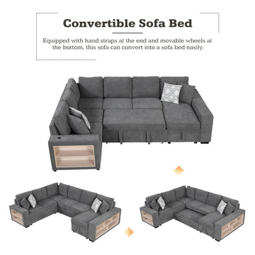109" U-shaped Sectional Sofa Pull-out Sofa Bed with Two USB Ports, a Storage Chaise Lounge and Four Back Pillows for Living Room, Grey/Beige