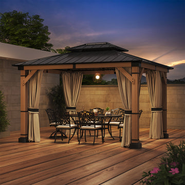 10*12ft Solid Cedar Wood Frame, Galvanized Steel Double Roof Gazebo, Equipped With Curtains And Mosquito Nets