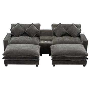 112.6" Sectional Sofa Chenille Upholstered Sofa with Two Removable Ottoman, Two USB Ports, Two Cup Holders and Large Storage Box for Living Room, Black