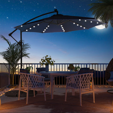 11FT Solar Offset Umbrella with 32 LED Lights Cantilever Hanging Outdoor Umbrellas Handy Crank & Cross Base for Lawn/Deck/Backyard/Pool£¬Navy