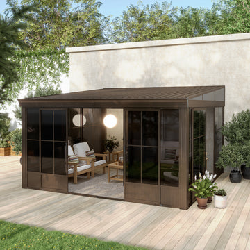 12x14FT Wall Mounted Sunroom, Against Wall Solarium with Galvanized Steel Sloping Roof, Detachable PVC Screen, Lockable Sliding Front and Side Doors, Lean-to Gazebo Sun Room for Deck Patio