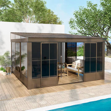 12x14FT Wall Mounted Sunroom, Against Wall Solarium with Galvanized Steel Sloping Roof, Detachable PVC Screen, Lockable Sliding Front and Side Doors, Lean-to Gazebo Sun Room for Deck Patio
