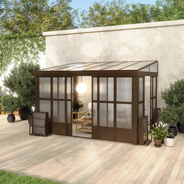 Lean-to Sunroom 10x12FT, Wall Mounted Solarium with Sloping Polycarbonate Roof, Detachable Polycarbonate Screens, 2 Lockable Sliding Doors, Aluminum Gazebo Against Wall Sun Room for Patio Deck