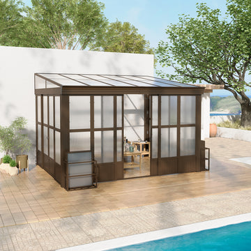 Lean-to Sunroom 10x12FT, Wall Mounted Solarium with Sloping Polycarbonate Roof, Detachable Polycarbonate Screens, 2 Lockable Sliding Doors, Aluminum Gazebo Against Wall Sun Room for Patio Deck