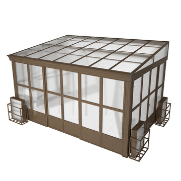 Lean-to Sunroom 10x14FT, Wall Mounted Solarium with Sloping Polycarbonate Roof, Detachable Polycarbonate Screens, 2 Lockable Sliding Doors, Aluminum Gazebo Against Wall Sun Room for Patio Deck