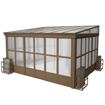 Lean-to Sunroom 12x14FT, Wall Mounted Solarium with Sloping Polycarbonate Roof, Detachable Polycarbonate Screens, 2 Lockable Sliding Doors, Aluminum Gazebo Against Wall Sun Room for Patio Deck
