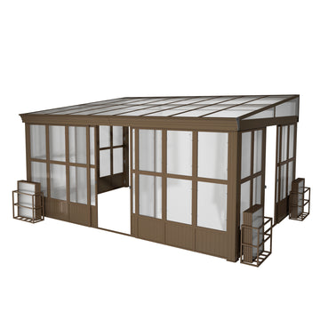 Lean-to Sunroom 12x16FT, Wall Mounted Solarium with Sloping Polycarbonate Roof, Detachable Polycarbonate Screens, 2 Lockable Sliding Doors, Aluminum Gazebo Against Wall Sun Room for Patio Deck