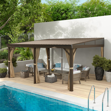 12x16FT Lean to Gazebo, Hardtop Wall Mounted Gazebo with Sloping Galvanized Steel Roof, Aluminum Frame, Drainage System, Curtains and Netting, for Patio, Deck, Garden, Backyard