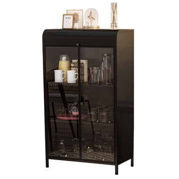 47.6" Tall Metal Storage Cabinet with Glass Doors & Flip-Top, 4-Tier Display Cabinet with Open Shelves, Freestanding Steel Sideboard Buffet for Kitchen, Living Room, Home Office, Dining Room, Bathroom