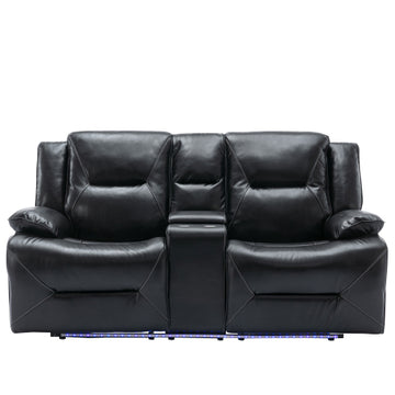 2 Seater Home Theater Recliner Manual Recliner Chair with a LED Light Strip Two Cup Holders and a Storage Box for Living Room,Bedroom, Black