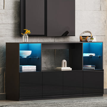 High Gloss TV Stand with LED Lights, Modern Sideboard with Large Storage Cabinet, Media Console with Tempered Glass Shelves for TVs up to 75", Living Room, Black/White, 67"Wx13.7"D