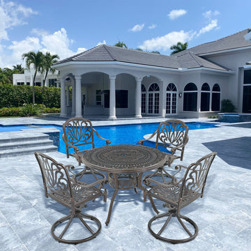 5-Piece Outdoor Patio Set Round Cast-top Table and four Swivel Rockers