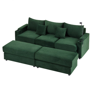 95.3" Modern Style 3-Seater Sofa Sectional Sofa Couch with Storage Space, Two Movable Ottomans, Two USB Ports, Two Cup Holders, A Phone Holder for Living Room, Green