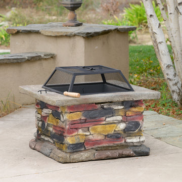 28" Concrete Wood Burning Outdoor Fire Pit Table with Lid - Natural Gray/Stone Gray
