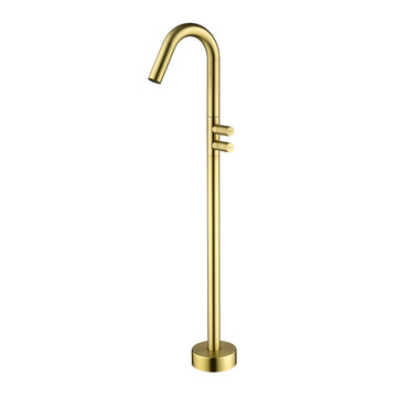 Freestanding Floor Mount Single Handle Bath Tub Filler Faucet with Water Supply Lines in Brushed Gold