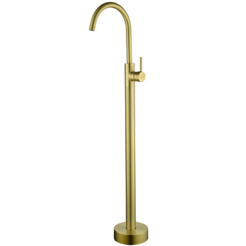 Freestanding Floor Mount Single Handle Bath Tub Filler Faucet with Water Supply Lines in Brushed Gold