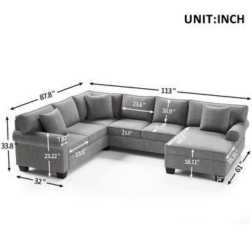 113*87.8" 3 pcs Chenille Sectional Sofa Upholstered Rolled Arm Classic Chesterfield Sectional Sofa 3 Pillows Included