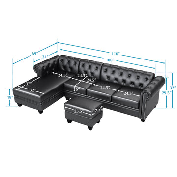 116" Chesterfield Sectional Sofa Set, PU Leather 4-Seat Living Room Set, L-Shape Couch in Home, with Storage Ottoman ,Nailheaded (Left Hand Facing,Black)