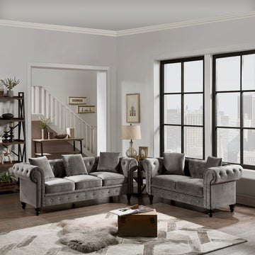 2 Pieces Chesterfield Sofa Set Button Tufted Velvet Upholstered Low Back Loveseat & 3 Seat Sofa Roll Arm Classic, 5 Pillows included,Wooden Legs
