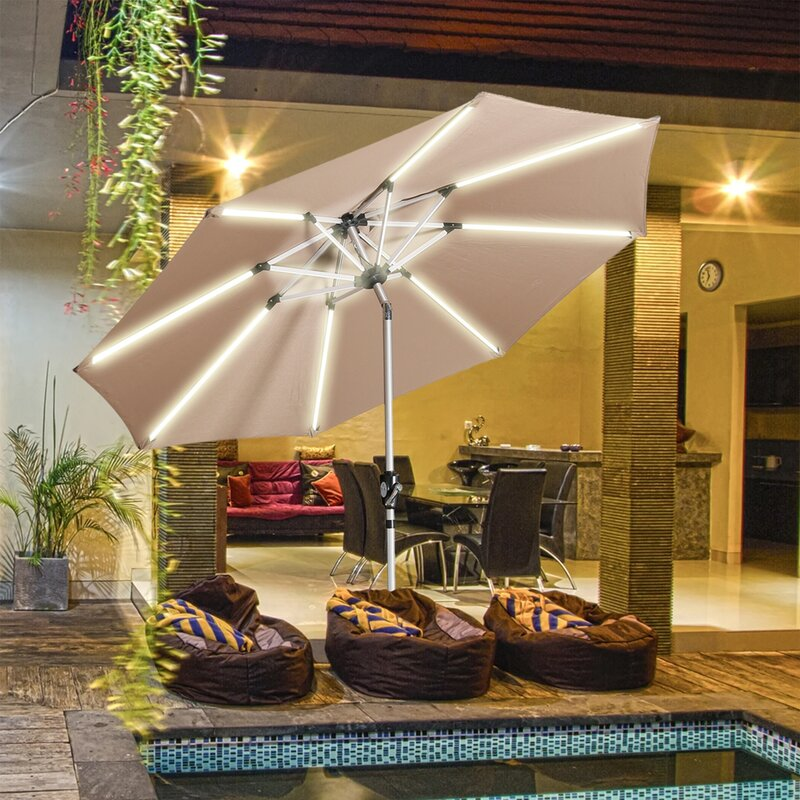 Clihome 9Ft Patio 3-Way LED Lights Aluminum Brush Market Outdoor Umbre