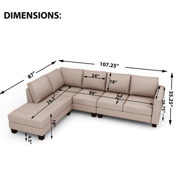 107.25*87"Textured Fabric Sectional Sofa Set, L-shaped Sofa With 5 Seaters for Home Use, Left-arm Facing Chaise, Warm Grey