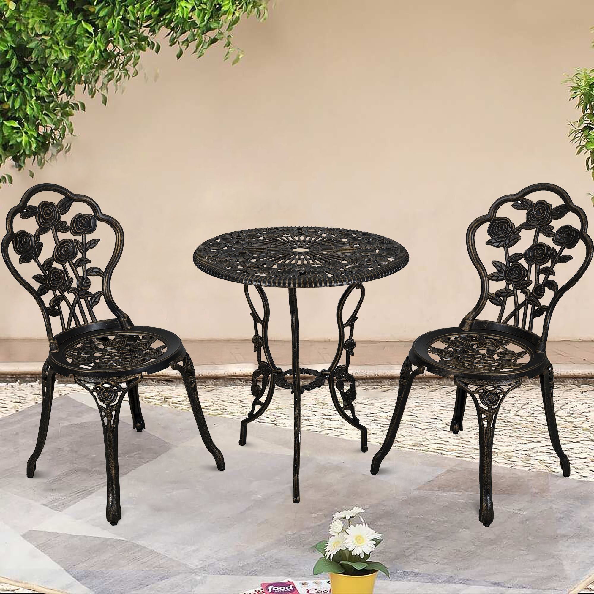 3 piece patio set wuth umbrella hole under 50 3-Piece Aluminum Round Outdoor Bistro Set with Umbrella Hole