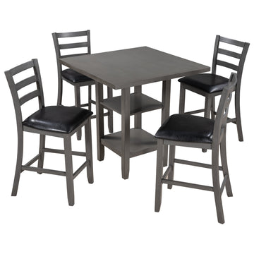 5-Piece Wooden Counter Height Dining Set, Square Dining Table with 2-Tier Storage Shelving and 4 Padded Chairs, Gray