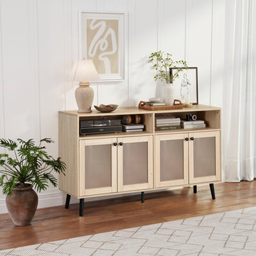 Natural TV Stand Entertainment Center Fits TVs up to 60 in. with 4 Doors, Open Shelves, Tapered Legs, Cable Management