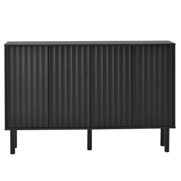 Clihome Minimalist Shoe Cabinet with 5 Solid Wood Legs, Cream Style Sideboard Buffet Cabinet with Fluted Doors, Large 4-Door Storage Cabinet with Adjustable Shelves for Living Room, Black, 55.1*13.7